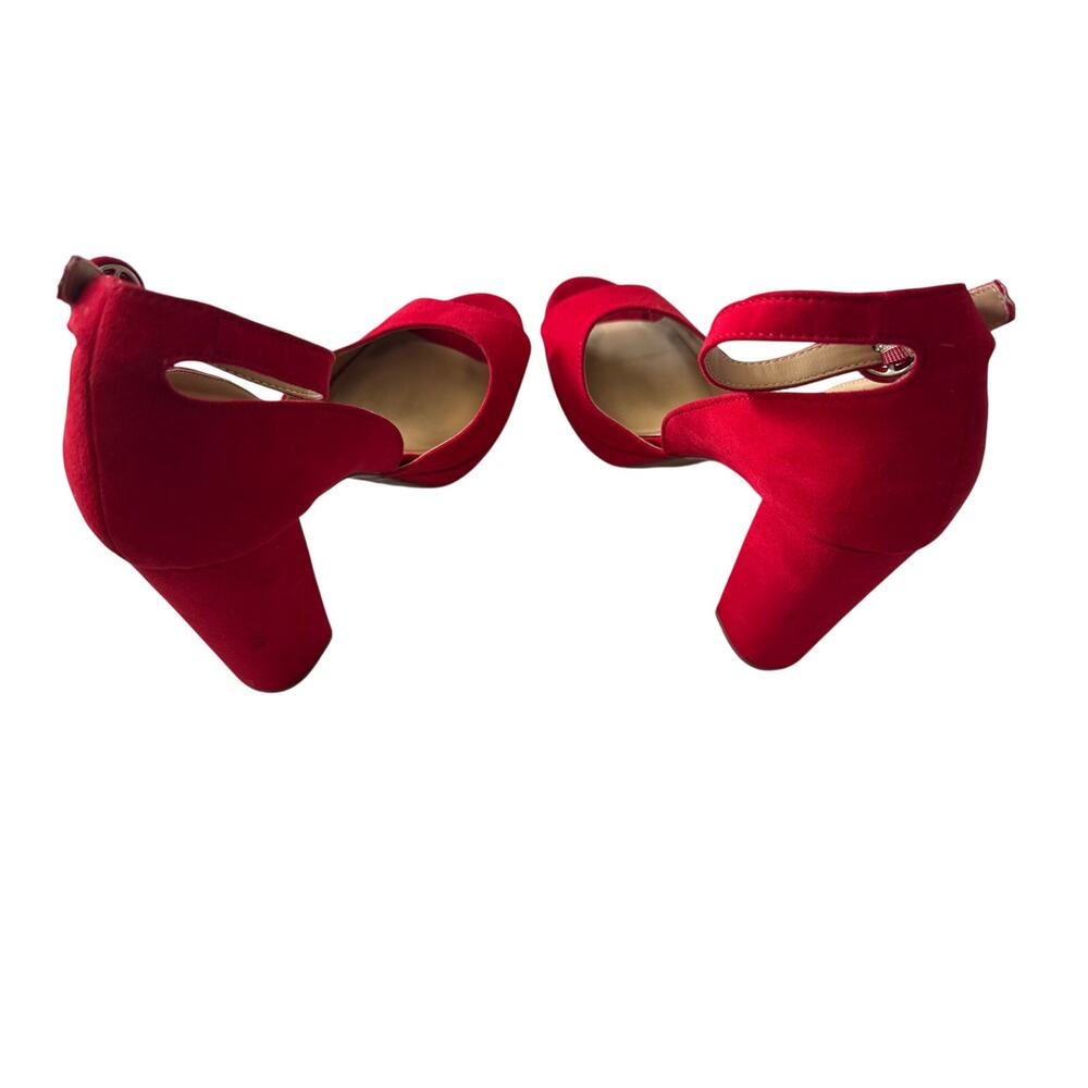 TSun + Stone Red Dress Heels w/ Ankle Strap Suede Sandals Block Heel 8.5 4inch - Picture 4 of 11